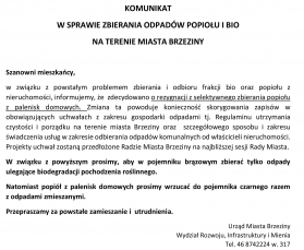KOMUNIKAT W SPRAWIE ZBIERANIA ODPADÓW POPIOŁU I BIO  NA TERENIE MIASTA BRZEZINY